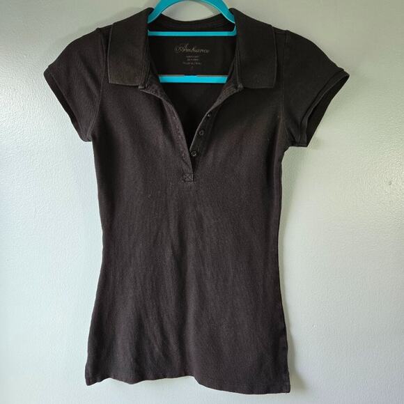 Women's Ambiance Black  Button Front Polo Shirt with Collar & Short Sleeves Sm - Picture 1 of 5